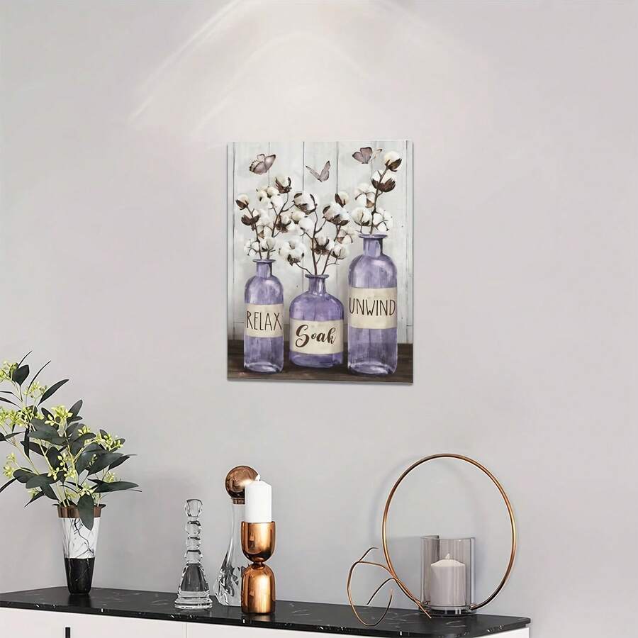 1pc Wooden Framed Purple Bathroom Decor Wall Art Rustic Cotton Flowers Bathroom Pictures For Wall Farmhouse Bathroom Canvas Prints Country Relax Soak Unwind Signs Painting Modern Ready To Hang Wooden Frame - Thickness 1.5inch - White - View 1