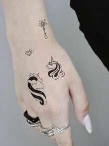 2 件套黑色独角兽、彩虹花、心形、玫瑰 Y2K 迷你图案临时纹身，适用于手指、手腕、肩膀、颈部、锁骨、节日、派对、日常穿着 - 黑色 - 查看 4