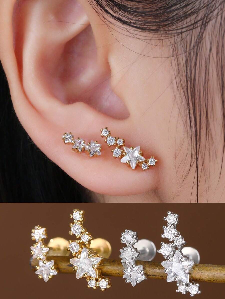 1 件时尚简约不锈钢星形耳钉，带钻石装饰，适合女性日常佩戴 - 星星 - 查看 1