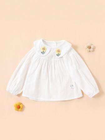 1 件年轻女孩甜美 3D 花卉装饰泡泡领长袖提花衬衫，春/秋