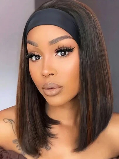 Head Bands For Women Easy-Wear Bob Headband Wig 16 Inches, Glue-Free Short Straight Hairstyle, Heat-Resistant Synthetic Hair, Black And Brown Highlights