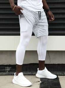 男式迷彩印花透气运动 3/4 短裤 - 白色 - 查看 1