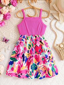 Young Girl Spring/Summer New Fashion Dress, Soft & Comfortable Ribbed Patchwork Camisole Dress, Children Party Wear, Vibrant & Energetic