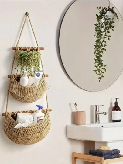 波西米亚风三层壁挂式储物篮 - 手工编织绳收纳架，用于水果、蔬菜等 - 易于安装、多功能家居装饰、储物篮