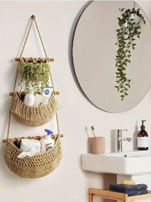 Boho Chic 3-Tier Wall Hanging Storage Basket - Handwoven Rope Organizer For Fruits, Vegetables & More - Easy Install, Versatile Home Decor, Storage Basket