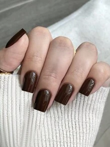 24pcs Coffee Brown Solid Color Medium-Long Rectangular Press-On Nails, Minimalist Style, Suitable For Women And Girls DIY Manicure At Home, Short Nails, Nail Art Supplies - Coffee Brown - View 2