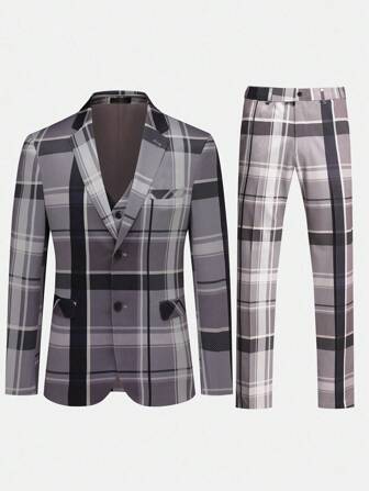 CLOUDSTYLE Conjunto de 3 piezas de traje de negocios para hombre de primavera/otoño, chaqueta, chaleco y pantalones, cuello de solapa con estampado de cuadros
