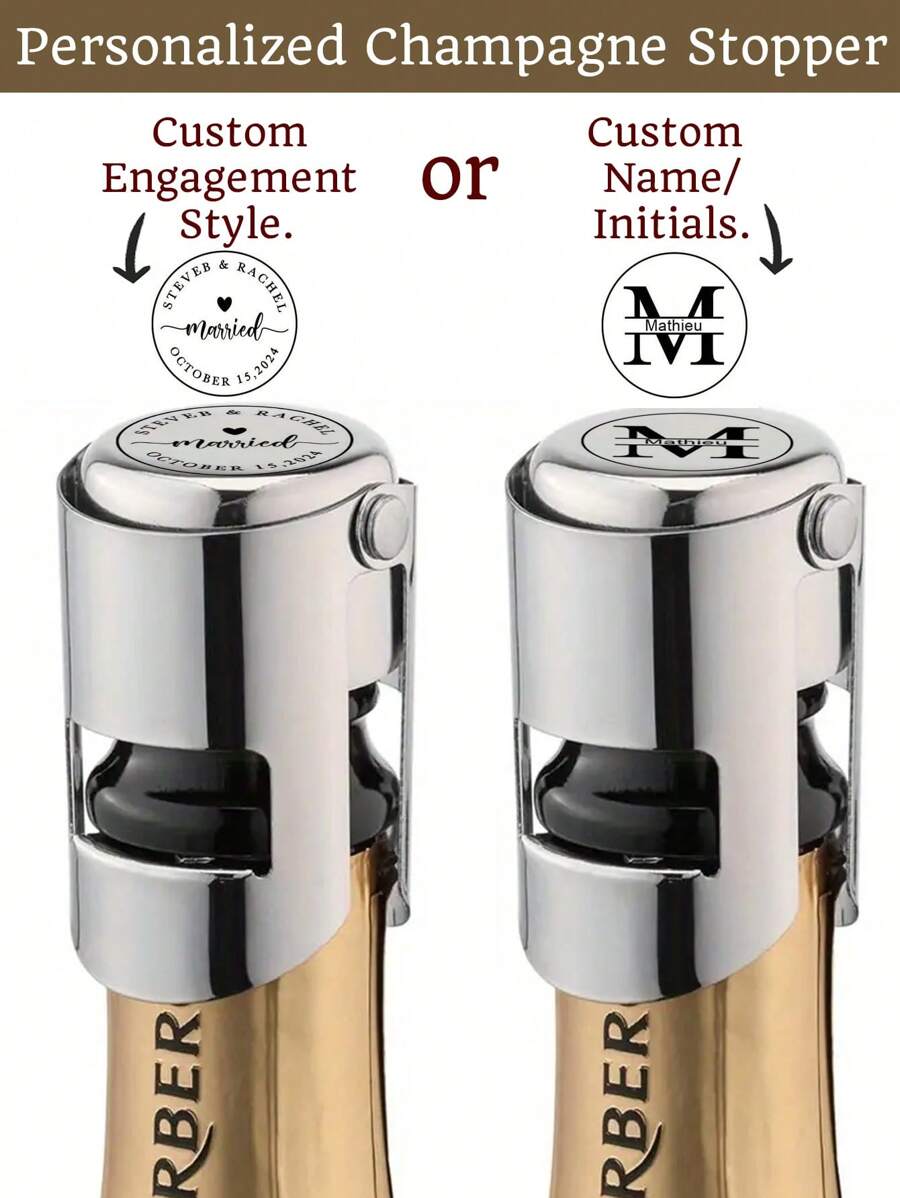 Personalized Champagne Stopper, Stainless Steel Material With Reusable Silicone Champagne Stopper, Customizable Engagement Champagne Stopper, Suitable For Champagne, Cava, Prosecco, Sparkling Wine, Silver Bottle Stopper, Engraved, Can Be Used As Wedding Anniversary Gift, Engagement Gift, Wedding Gift, Housewarming Gift, Brunch Gift - Silver - View 1