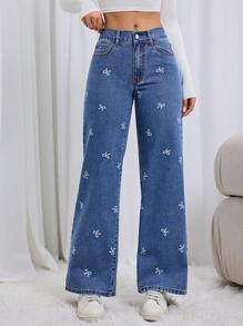 女士时尚休闲蝴蝶结印花松紧腰阔腿宽松无弹力蓝色牛仔裤，返校服