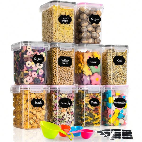 Juego de 10 tarros de almacenamiento de 1,6 L, caja de almacenamiento de cocina, recipientes herméticos de plástico con tapa, tarros de almacenamiento para almacenar pasta, cereales, arroz, harina y alimentos para mascotas, rosa+negro,