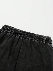 Shwiy Men's Washed Vintage Effect Casual Black Knee-Length Shorts, Simple Cross Print Pattern, Suitable For Spring/Summer Daily Wear And Street Style - Black - View 7