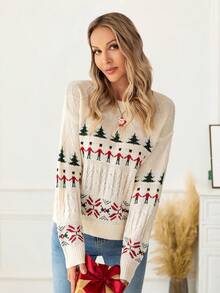 Women's New Year Tops Vintage Casual Pattern Floral Knit Crew Neck Long Sleeve Top Fair Isle Knit Sweater, Autumn/Winter