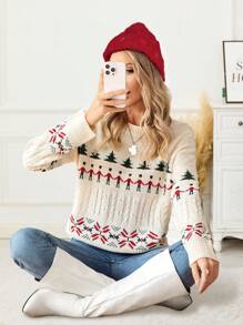 Women's New Year Tops Vintage Casual Pattern Floral Knit Crew Neck Long Sleeve Top Fair Isle Knit Sweater, Autumn/Winter