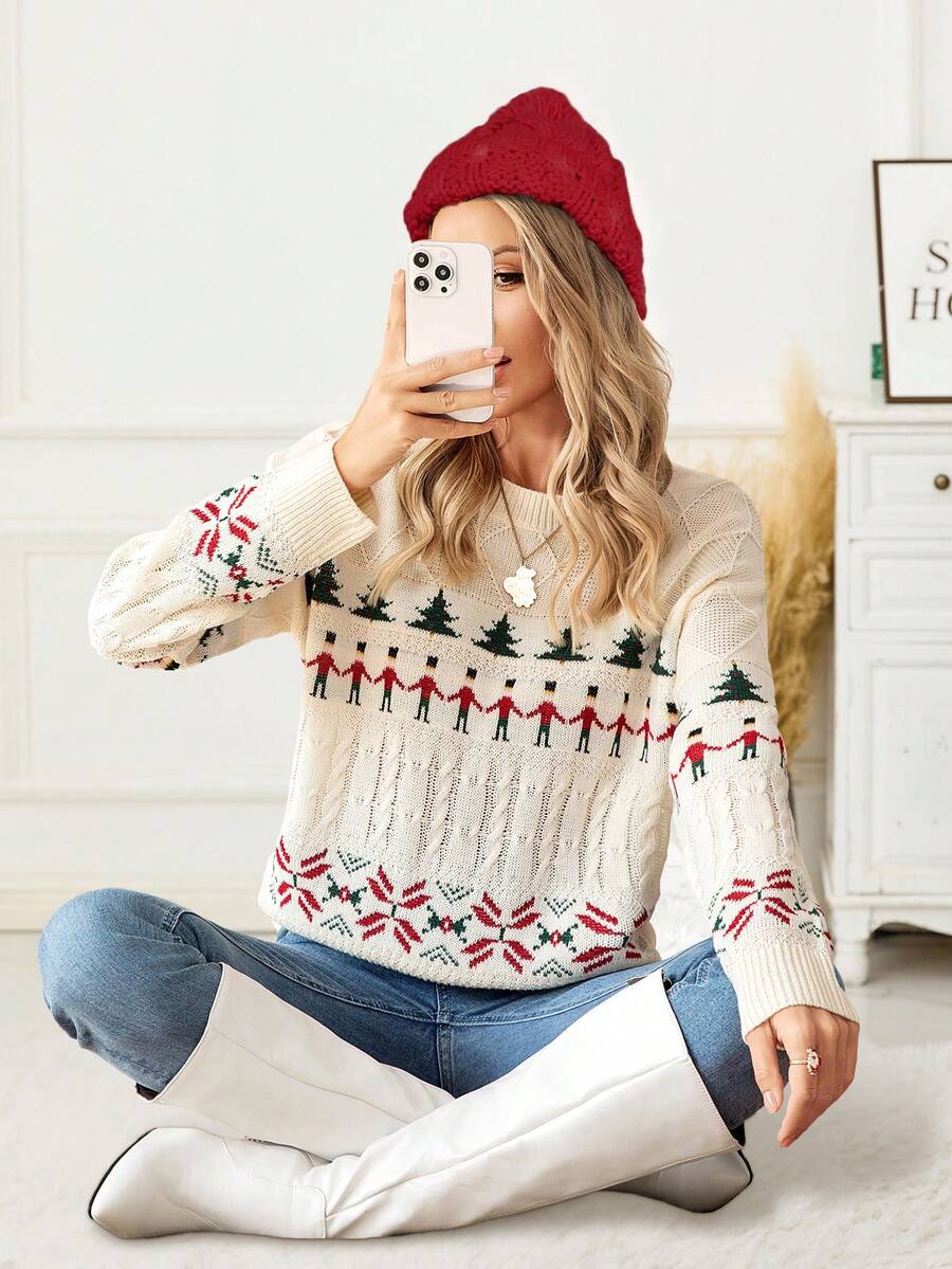 Women's New Year Tops Vintage Casual Pattern Floral Knit Crew Neck Long Sleeve Top Fair Isle Knit Sweater, Autumn/Winter