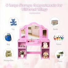 Lifezeal Vanity Table Set Makeup Dressing Kids Girls Study Table Tri Folding Mirror White/Pink - 粉色 - 查看 9