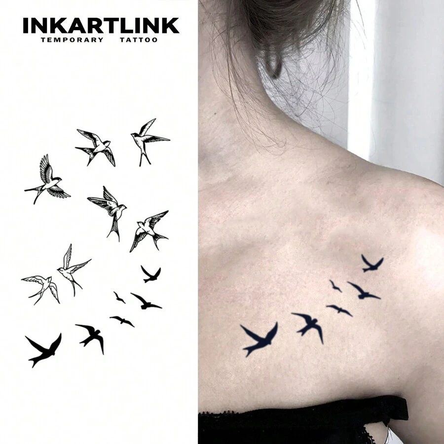 INKARTLINK 革命性技术纹身，半永久纹身，逼真纹身，鸟群，感人纹身，临时纹身，防水，真实纹身外观，小众设计纹身，果汁纹身，植物纹身 - 黑色 - 查看 1