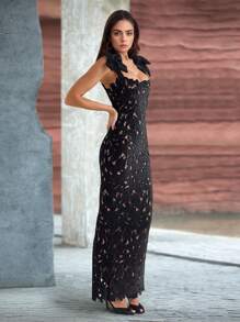 Black Bowknot Lace Hollow Luxury Elegant Slim Fit Maxi Evening Dress - Black - View 5