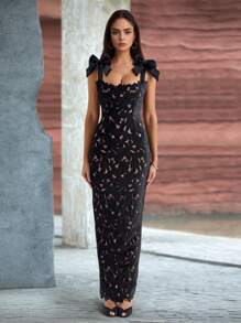 Black Bowknot Lace Hollow Luxury Elegant Slim Fit Maxi Evening Dress - Black - View 2