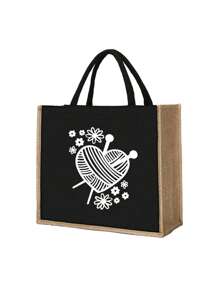 Tweedelige set linnen tassen, uitgerust met kleine make-uptassen, gebreide harten en bloemenpatronen - lichtgewicht en stijlvolle boodschappentassen voor dames, gepersonaliseerde geschenken voor huwelijksjubilea en verjaardagen van vrienden - Zwart - Bekijken 11