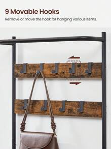 VASAGLE Perchero Zapatero, Perchero Recibidor, con Banco Zapatero, 9 Ganchos Extraíbles, Barra Superior, Marrón Rústico y Negro - Óxido marrón - Ver 8