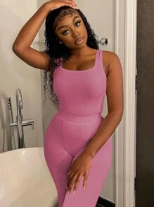 OFFBRACE Casual Workout Sets Two Piece Outfits For Women Ribbed Crop Tank Top High Waist Yoga Leggings Active Wear - 粉色 - 查看 3