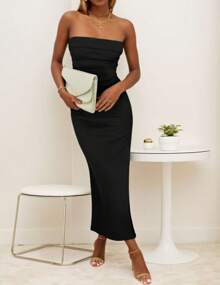hoteel Women's Bodycon Maxi Tube Dress Strapless Side Slit Party Dresses - màu đen - Xem 2