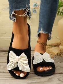 优雅女士蝴蝶结毛绒露趾拖鞋，柔软舒适轻便鞋底，适合客厅和卧室，四季皆宜