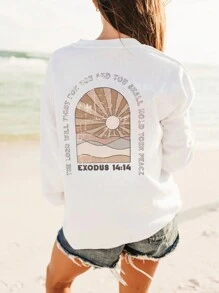 女士休闲宽松口号印花圆领长袖 T 恤，春夏 - 白色 - 查看 1