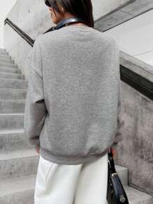 Lelayla-Artistic Letters Tennis Racket Pattern Print Women's Winter And Spring Light Gray All-Match Warm Lining Round Neck Oversized Sweatshirt Loose Version Casual Street Sports Style Long Sleeves Ladies Plus Velvet Comfortable Curve Oversize Sweatshirt