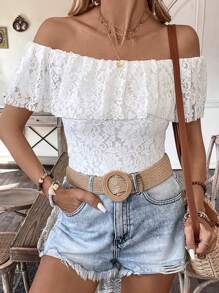 Women Flower Lace Tops Slim Off The Shoulder Ruffle Short Sleeve Backless Crop Shirt Summer Streetwear - White - View 6