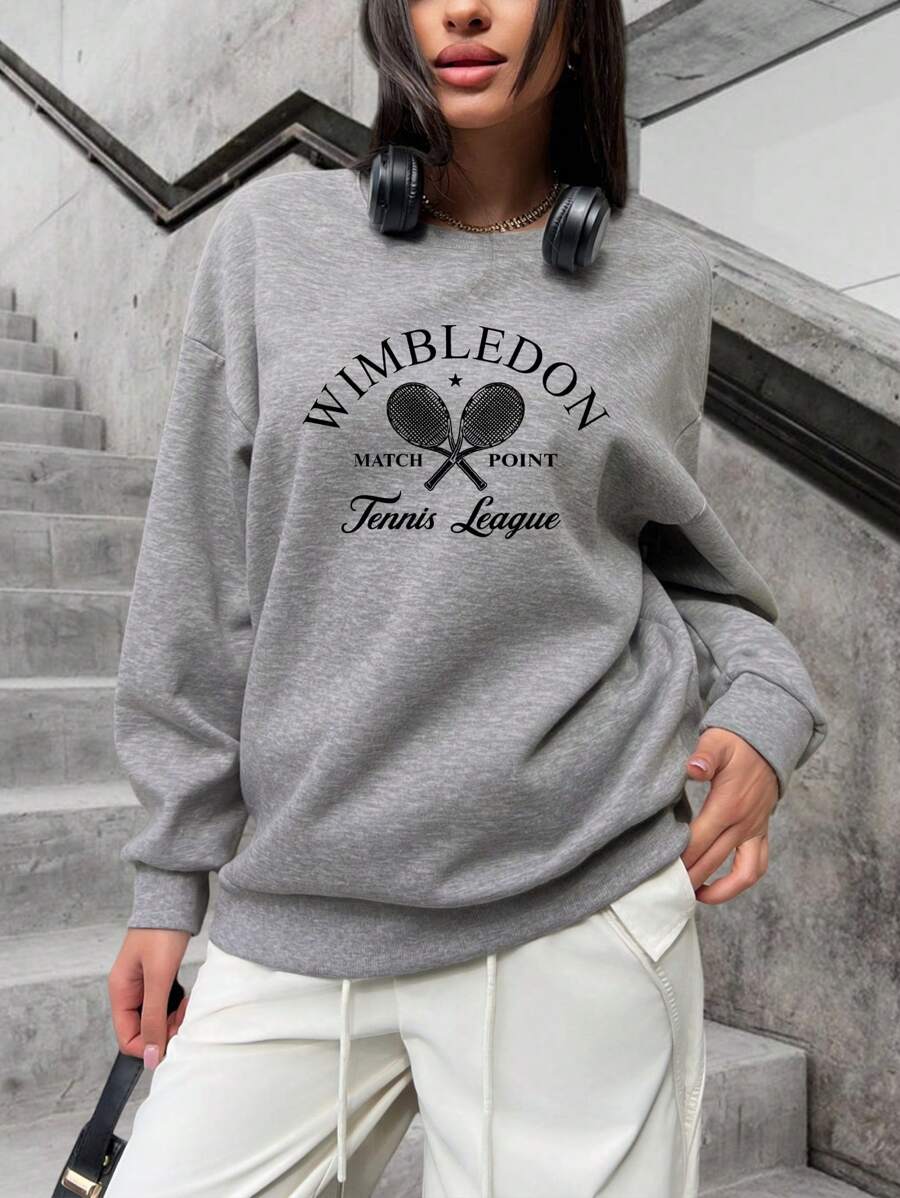 Lelayla-Artistic Letters Tennis Racket Pattern Print Women's Winter And Spring Light Gray All-Match Warm Lining Round Neck Oversized Sweatshirt Loose Version Casual Street Sports Style Long Sleeves Ladies Plus Velvet Comfortable Curve Oversize Sweatshirt