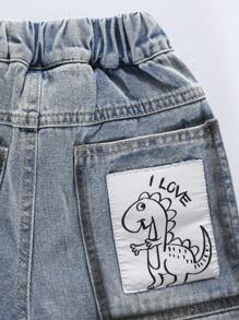 1pc Kids' Distressed Denim Jeans With Dinosaur Print Back Pockets, Elastic Waist Loose Fit Casual Trousers For Boys, Spring