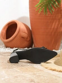 秋冬大码女式时尚尖头粗跟高跟鞋，性感休闲派对礼服鞋，工作办公鞋，露趾水钻绑带高跟鞋，黑色，春夏款，优雅