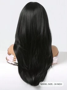 Pelucas negras largas y rectas con flequillo para mujer, peluca de pelo sintético de aspecto Natural en capas negras de 24 pulgadas para fiesta diaria, Cosplay