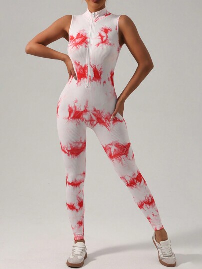 Damski kombinezon bez rękawów z nadrukiem tie-dye i zamkiem błyskawicznym z przodu – skrócony, z wysokim stanem i retro wzorem, letni, swobodny, uliczny strój