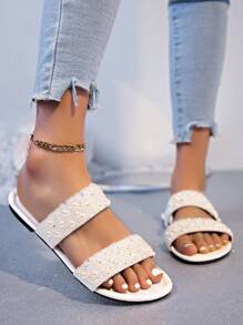 Summer Women Fashion Flat Sandals, New 2025 Model, Crystal Embellished Slip-On Flat Mules, Open Toe, Luxury Casual, Plus Size