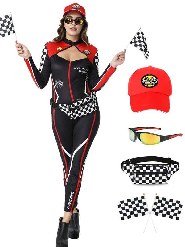 5pcs/set Damen Rennanzug, Rennanzug, Auto Hut, Halloween Kostüm, Cosplay Rennanzug Set, Karnevalsstadium Kostüm