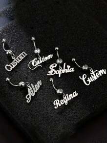 1PC[Customized Product] Customized Women's Name Navel Perforated Stainless Steel Personalized Plaque Navel Ring Pendant Sexy Simple Jewelry Gift Body Perforated Jewelry Valentine's Day Gift