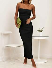 hoteel Women's Bodycon Maxi Tube Dress Strapless Side Slit Party Dresses - màu đen - Xem 5