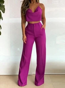 Women's Asymmetrical Casual Sexy Open Shoulder Camisole Top & High Waisted Slim Pants 2 Pieces Set, Suitable For Beach, Honeymoon, Travel, And Formal Occasions