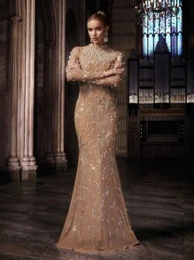 QOQ 女式华丽珠钻曲线晚礼服美人鱼下摆长袖套装晚宴颁奖典礼返校节礼服水钻礼服 - 香檳色 - 查看 6