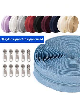 1 Set = 450cm Zippers + 10pcs Zipper Pulls, 3# Nylon Zippers, 10 Colors With Silver Gray Zipper Pulls, Suitable For Garment, Bags, Outdoor Tents, Etc.