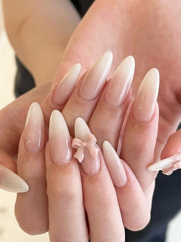 24pcs Pink Medium-Length Almond Press On Nails Gradient Blush Pink With 3D Bow Decorated False Nails Sweet Style For Women Girls Fake Nails Valentine's Day Dating