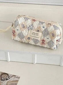 Bolsa de cosméticos vintage con forma de rombo de oso de peluche, estuche de maquillaje con cremallera, tela acolchada suave y arrugada con estampado, dulce y lindo, bolsa de tocador de uso múltiple para el hogar, viajes, lavado diario, bolsa de viaje de tocador, almacenamiento de maquillaje, bolsa de playa, artículos esenciales para vacaciones, útiles escolares, artículos esenciales de viaje, para mujer, para la universidad, dormitorio, baño