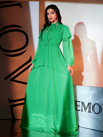 Green Long Sleeve Chiffon Waist Dress