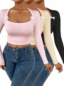 3Pcs Women's Simple Round Neck Solid Color Slim Fit Long Sleeved T-Shirt - Multicolor - View 3