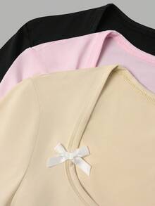 3Pcs Women's Simple Round Neck Solid Color Slim Fit Long Sleeved T-Shirt - Multicolor - View 5