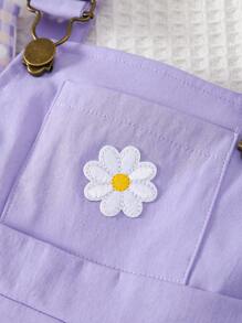 طقم للرضع والبنات الصغيرات مكون من توب قصير بطبعة زهرية بكشكشة بدون أكمام + أوفرول شورت بتطريز بأزهار الداوري البنفسجية مع أشرطة قابلة للتعديل