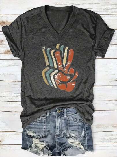 Printed V-Neck T-Shirt, Casual Short-Sleeved Summer Everyday Tops, Women's Clothing