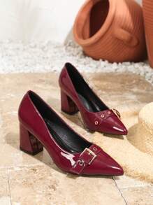 Tacones altos de tacón grueso con punta puntiaguda, talla grande, color borgoña - Burdeos - Ver 5